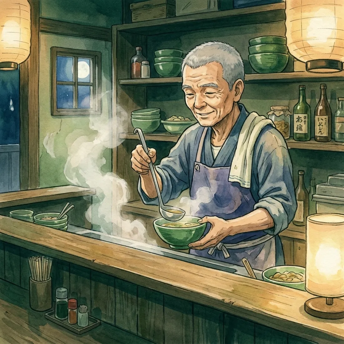 The soup master ladling broth into a green bowl behind the counter