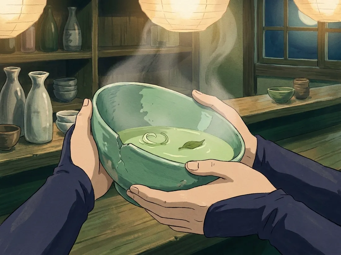 Two hands lifting a chipped green bowl of steaming broth